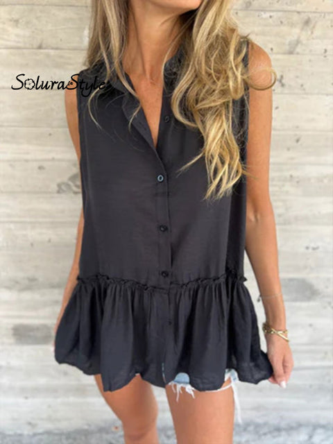 Women’s Solid Lapel Button Pleated Ruffle Sleeveless Resort Shirt Black / S