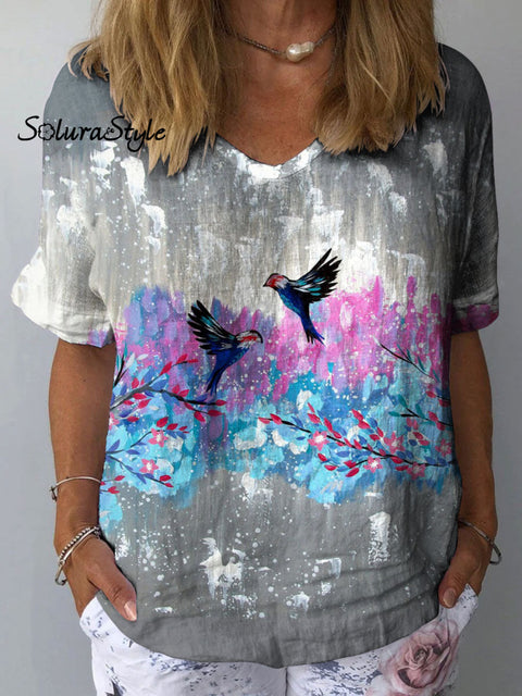 Women’s Sparrow Flower Art Print Casual Cotton And Linen Shirt Multicolor / S