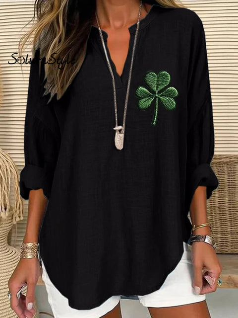 Women’s St.patrick’s Day Art Printed Casual Linen V-Neck Shirt Black / S