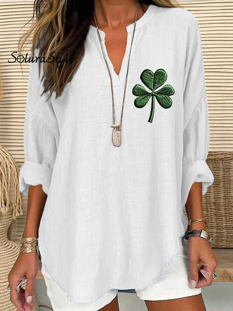 Women’s St.patrick’s Day Art Printed Casual Linen V-Neck Shirt White / S
