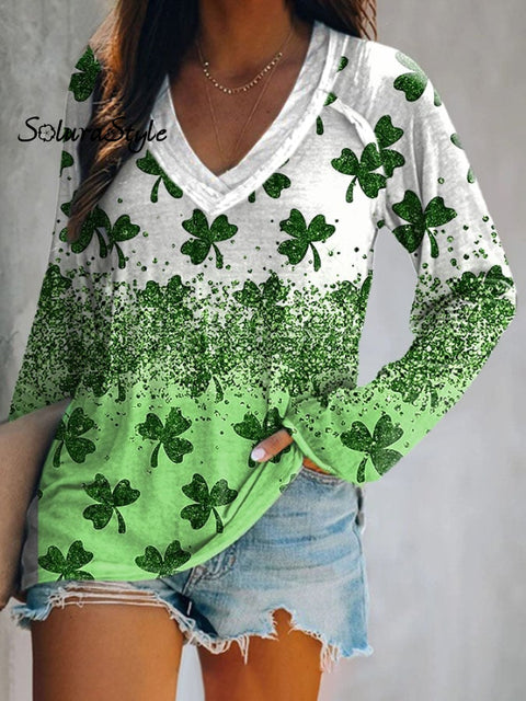 Women’s St.patrick’s Day Art Printed Long Sleeve Casual Top Multicolor1 / S