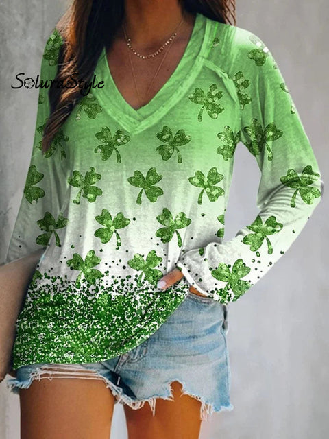 Women’s St.patrick’s Day Art Printed Long Sleeve Casual Top Multicolor2 / S