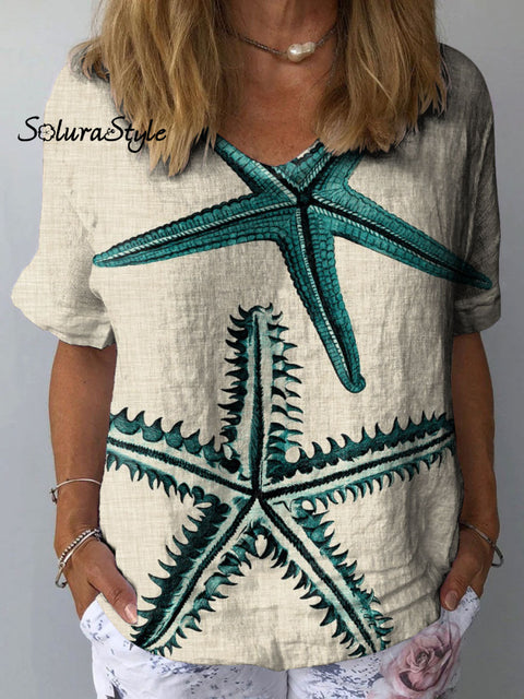 Women’s Starfish Art Print Casual Cotton And Linen Shirt