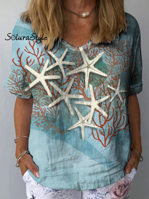Women’s Starfish Art Print Casual Cotton And Linen Shirt Multicolor / S