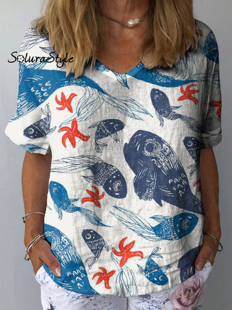 Women’s Starfish Koi Art Print Casual Cotton And Linen Shirt Multicolor / S