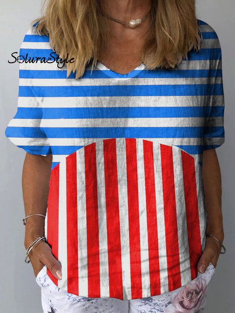 Women’s Stripe Art Print Casual Cotton And Linen Shirt Multicolor / S