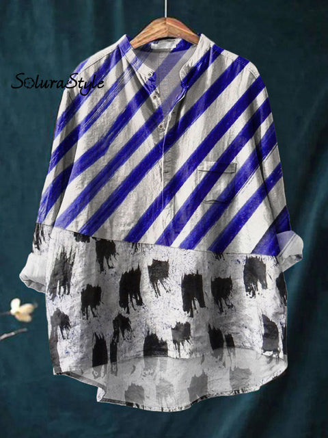 Women’s Stripe Black Dot Art Print Casual Long Sleeve Comfortable Cotton Shirt Multicolor / S