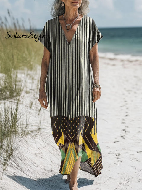 Women’s Stripe Geometric Pattern Art Print Pocket Cotton Dress Multicolor / S