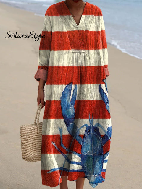 Women’s Striped Lobster Art Print Dress Multicolor / S