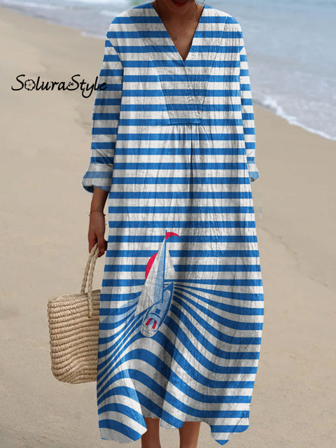 Women’s Striped Sailboat Art Print Dress Multicolor / S