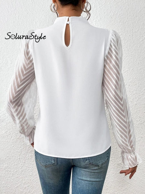 Women’s Stylish Fashionable Mid-Neck Patchwork Chiffon Long-Sleeved Top Shirt