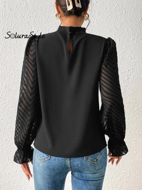 Women’s Stylish Fashionable Mid-Neck Patchwork Chiffon Long-Sleeved Top Shirt