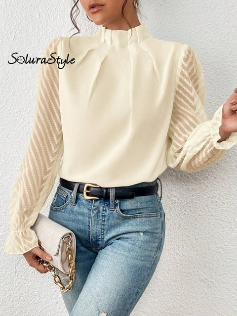 Women’s Stylish Fashionable Mid-Neck Patchwork Chiffon Long-Sleeved Top Shirt Beige / S