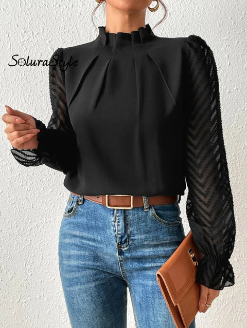 Women’s Stylish Fashionable Mid-Neck Patchwork Chiffon Long-Sleeved Top Shirt Black / S