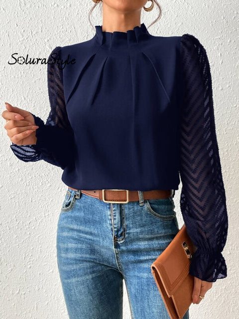 Women’s Stylish Fashionable Mid-Neck Patchwork Chiffon Long-Sleeved Top Shirt Navyblue / S