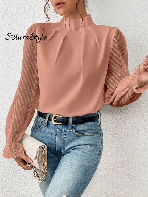 Women’s Stylish Fashionable Mid-Neck Patchwork Chiffon Long-Sleeved Top Shirt Pink / S