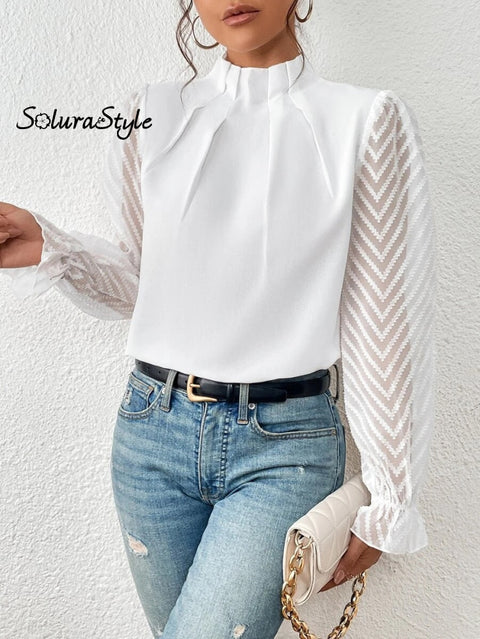 Women’s Stylish Fashionable Mid-Neck Patchwork Chiffon Long-Sleeved Top Shirt White / S