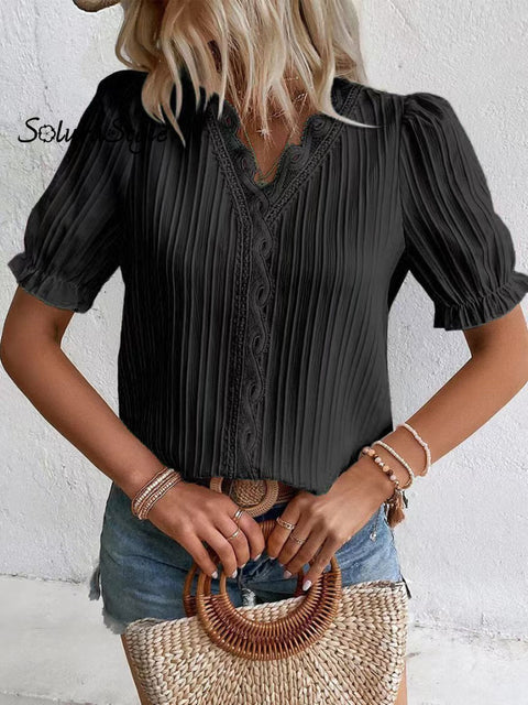 Women’s Stylish Fashionable Vertical Striped Lace V-Neck Puff Short-Sleeved Shirt