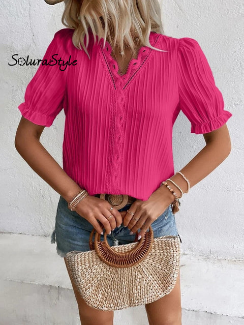 Women’s Stylish Fashionable Vertical Striped Lace V-Neck Puff Short-Sleeved Shirt