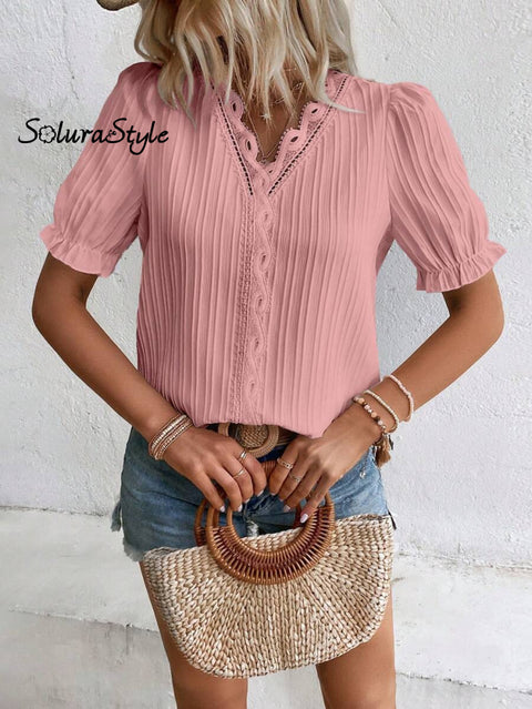 Women’s Stylish Fashionable Vertical Striped Lace V-Neck Puff Short-Sleeved Shirt