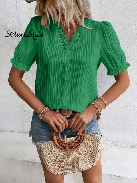 Women’s Stylish Fashionable Vertical Striped Lace V-Neck Puff Short-Sleeved Shirt