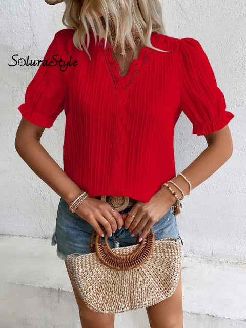 Women’s Stylish Fashionable Vertical Striped Lace V-Neck Puff Short-Sleeved Shirt
