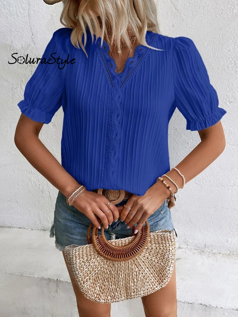 Women’s Stylish Fashionable Vertical Striped Lace V-Neck Puff Short-Sleeved Shirt