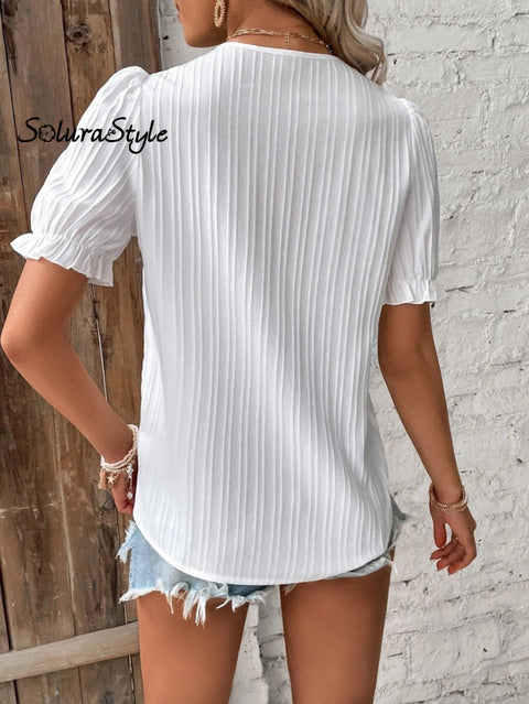 Women’s Stylish Fashionable Vertical Striped Lace V-Neck Puff Short-Sleeved Shirt