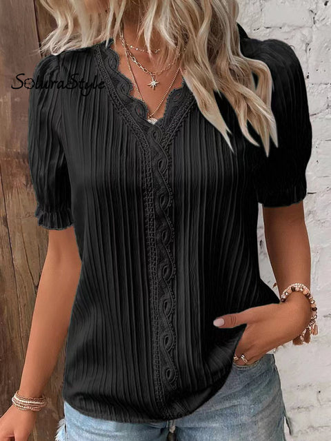 Women’s Stylish Fashionable Vertical Striped Lace V-Neck Puff Short-Sleeved Shirt Black / S