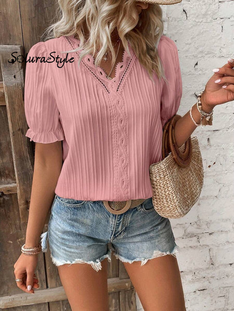 Women’s Stylish Fashionable Vertical Striped Lace V-Neck Puff Short-Sleeved Shirt Pink / S