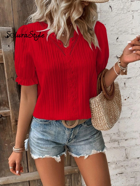 Women’s Stylish Fashionable Vertical Striped Lace V-Neck Puff Short-Sleeved Shirt Red / S