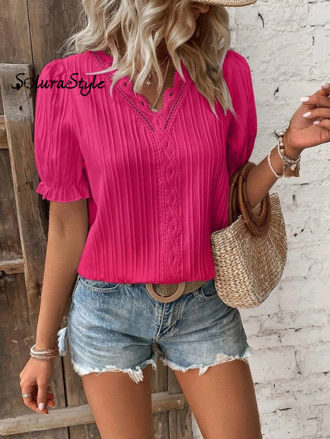 Women’s Stylish Fashionable Vertical Striped Lace V-Neck Puff Short-Sleeved Shirt Rose / S