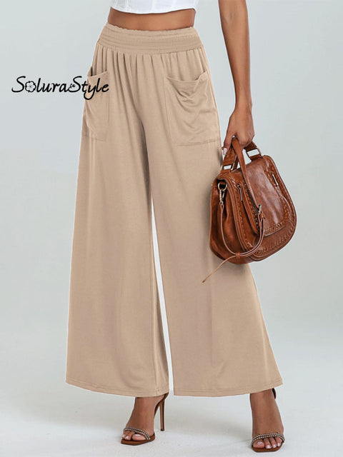 Women’s Stylish High-Waisted Loose Solid Color Casual Pockets Pants Apricot / S