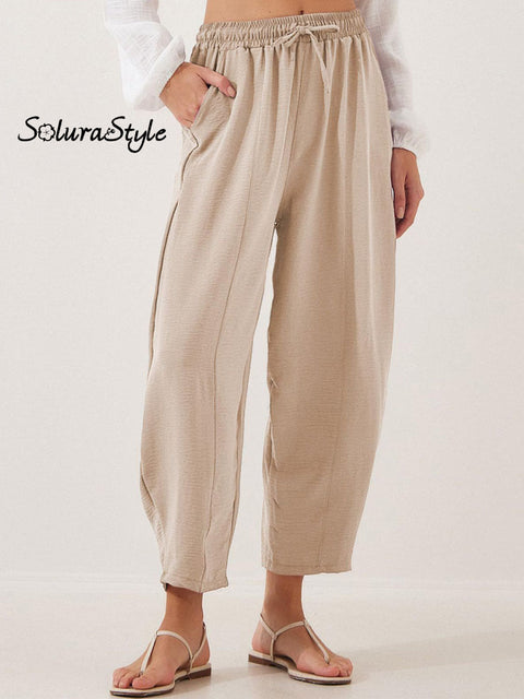 Women’s Stylish High-Waisted Loose Solid Color Casual Pockets Pants Apricot / S