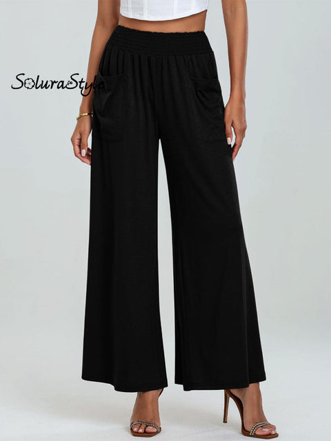 Women’s Stylish High-Waisted Loose Solid Color Casual Pockets Pants Black / S