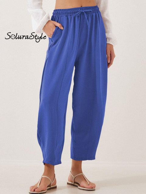 Women’s Stylish High-Waisted Loose Solid Color Casual Pockets Pants Blue / S