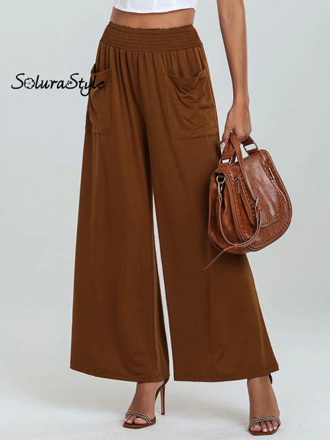 Women’s Stylish High-Waisted Loose Solid Color Casual Pockets Pants Brown / S