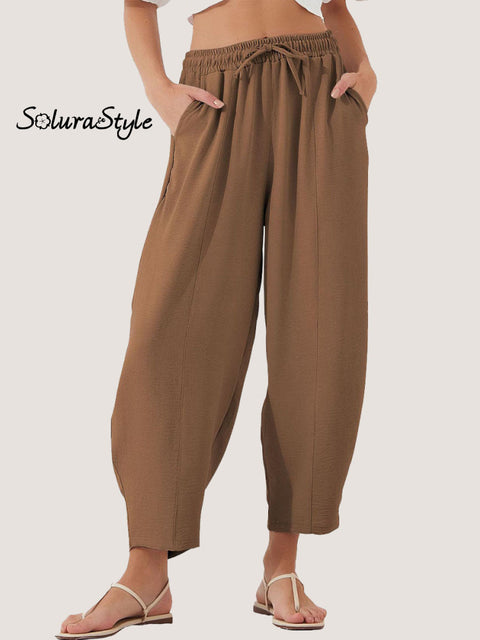 Women’s Stylish High-Waisted Loose Solid Color Casual Pockets Pants Coffee / S