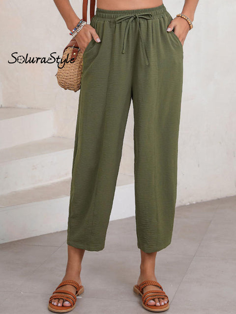 Women’s Stylish High-Waisted Loose Solid Color Casual Pockets Pants Green / S