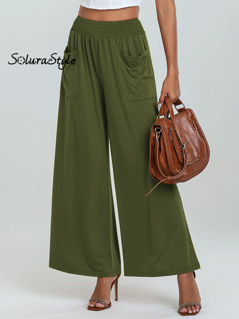 Women’s Stylish High-Waisted Loose Solid Color Casual Pockets Pants Green / S