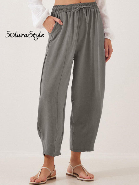 Women’s Stylish High-Waisted Loose Solid Color Casual Pockets Pants Grey / S