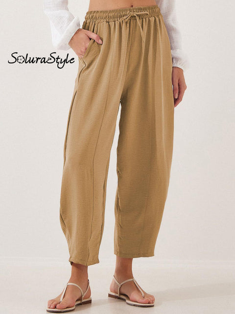 Women’s Stylish High-Waisted Loose Solid Color Casual Pockets Pants Khaki / S