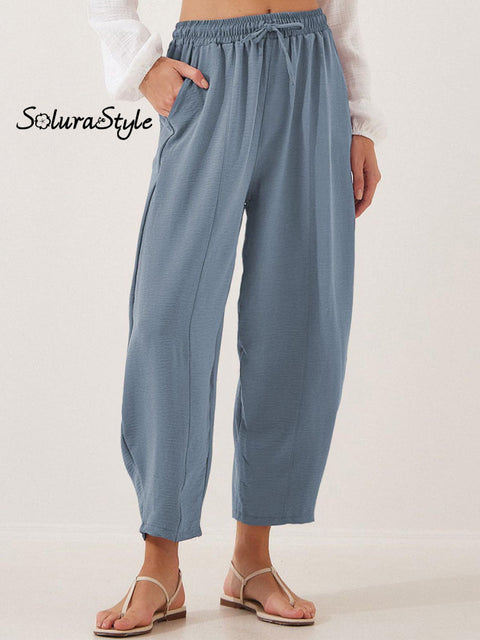Women’s Stylish High-Waisted Loose Solid Color Casual Pockets Pants Lightblue / S