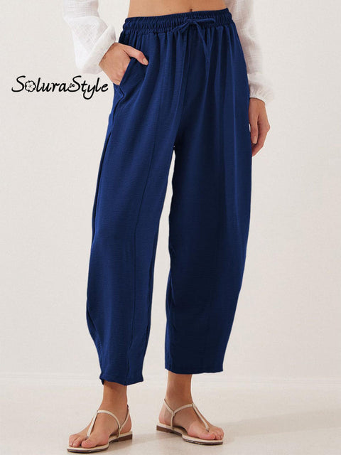 Women’s Stylish High-Waisted Loose Solid Color Casual Pockets Pants Navyblue / S