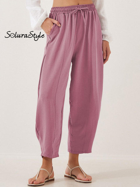 Women’s Stylish High-Waisted Loose Solid Color Casual Pockets Pants Pink / S