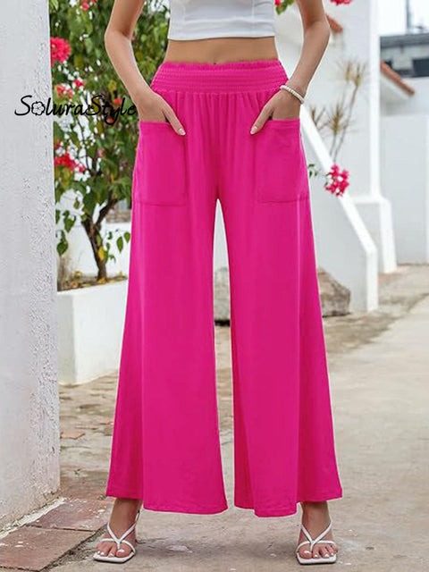 Women’s Stylish High-Waisted Loose Solid Color Casual Pockets Pants Rose / S