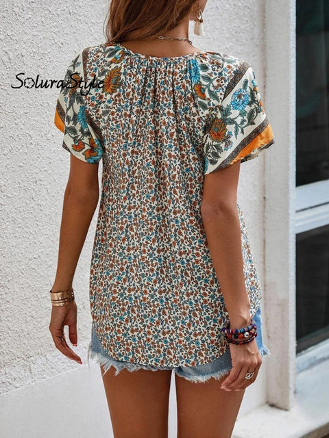 Women’s Summer Casual Ethnic Pattern Printed V-Neck Shirt