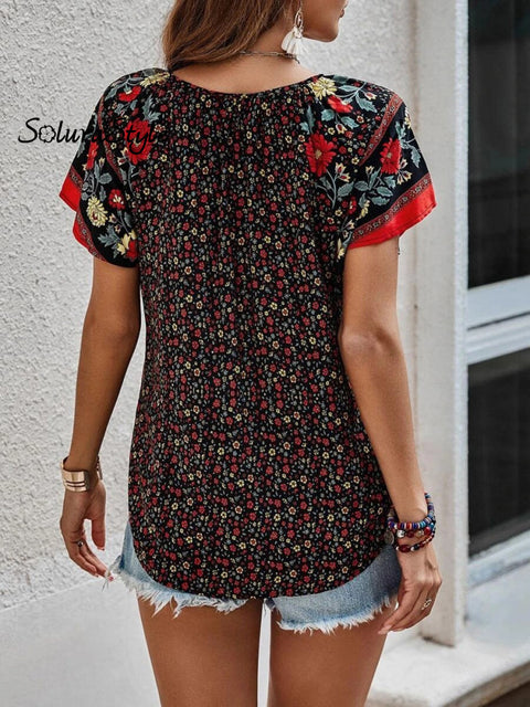 Women’s Summer Casual Ethnic Pattern Printed V-Neck Shirt