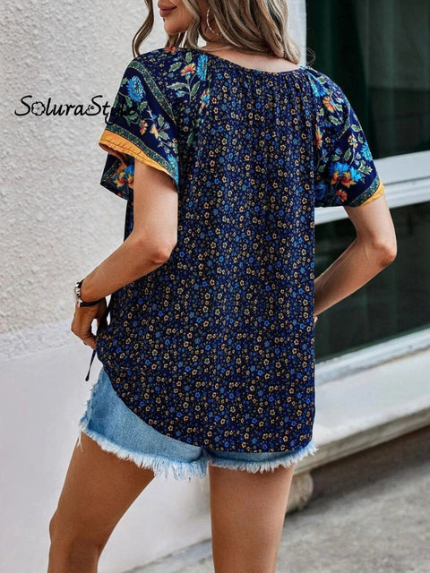 Women’s Summer Casual Ethnic Pattern Printed V-Neck Shirt