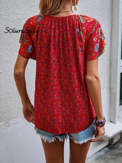 Women’s Summer Casual Ethnic Pattern Printed V-Neck Shirt